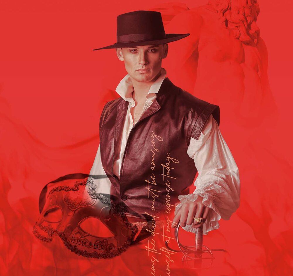 A red background with smoke has an image of Don Giovanni, dressed in a white billowing shirt, brown vest, and hat while resting his hand on a sword. A near transparent venetian mask is at the bottom corner of Don Giovanni and a sculpture at the top.